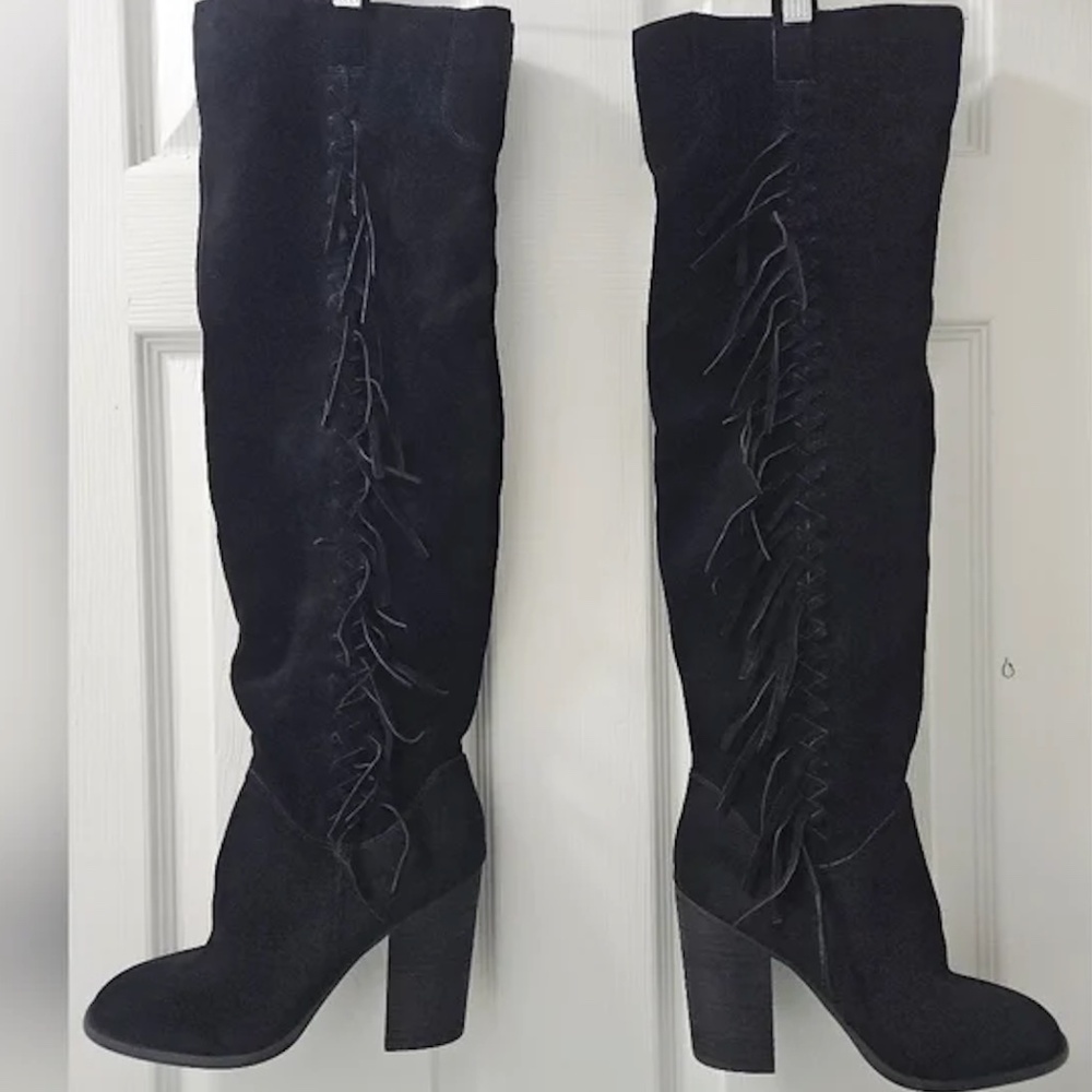 Carlos by Carlos Santana Garrett  Fringe Over-The-Knee Suede Black Boots, Size 8
